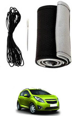 MSNP Hand Stiched Steering Cover For Chevrolet Beat(Silver Black, Leatherite)