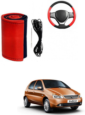 ARNEJA Hand Stiched Steering Cover For Tata Indica(Red, Black, Leather)