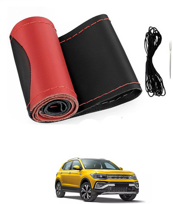 MATIES Hand Stiched Steering Cover For Volkswagen Universal For Car(Red/Black, Leatherite)