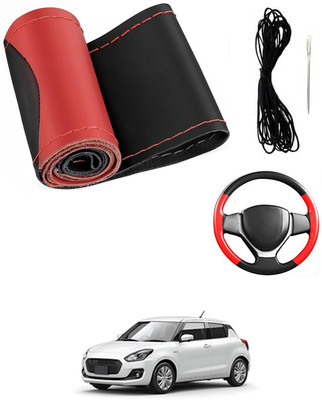 MATIES Hand Stiched Steering Cover For Universal For Car Swift(Red/Black, Leatherite)