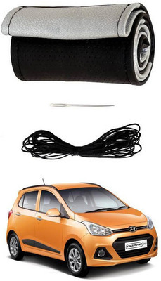 RKPSP Hand Stiched Steering Cover For Universal For Car i10 Active(Silver/Black, Leatherite)