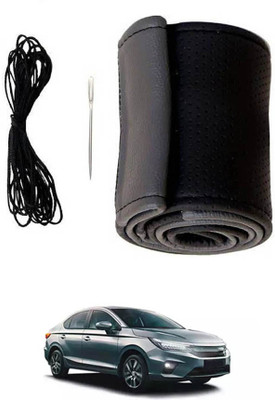 MATIES Hand Stiched Steering Cover For Honda City(Black/Grey, Leatherite)