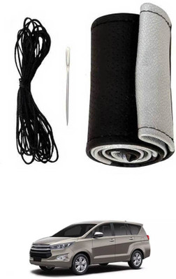 MATIES Hand Stiched Steering Cover For Toyota Universal For Car(Black-Silver, Leatherite)