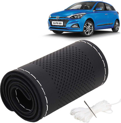Kingsway Hand Stiched Steering Cover For Hyundai Elite i20(Black Color with Silver Thread, Leatherite)
