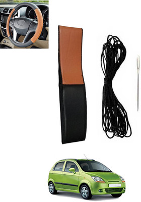 monolive Hand Stiched Steering Cover For Chevrolet Spark(Tan, Black, Leatherite)