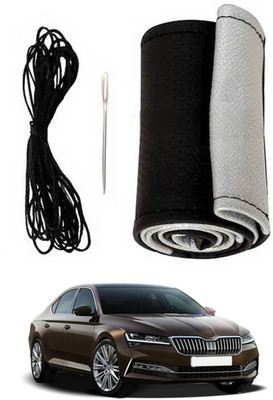 ABJD Hand Stiched Steering Cover For Skoda Superb(Silver, Black, Leatherite)