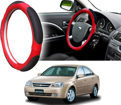 Selifaur Steering Cover For Chevrolet Optra(Black Red, Leatherite, Fabric)