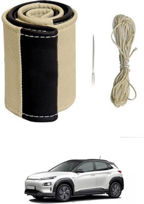 MATIES Hand Stiched Steering Cover For Hyundai Universal For Car(Beige/Black, Leatherite)