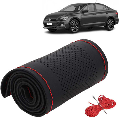 Kingsway Hand Stiched Steering Cover For Volkswagen Universal For Car(Black Color with Red Thread, Leatherite)