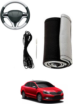 MATIES Hand Stiched Steering Cover For Skoda Rapid(Silver, Black, Leatherite)