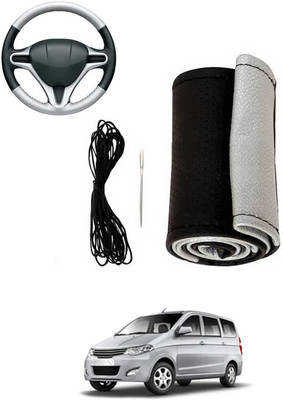 MATIES Hand Stiched Steering Cover For Chevrolet Enjoy(Silver, Black, Leatherite)