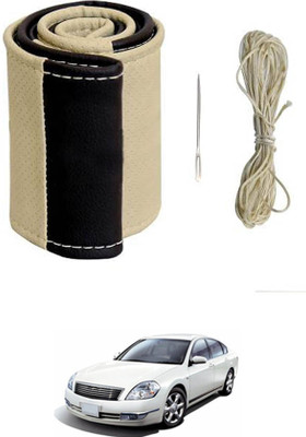 MATIES Hand Stiched Steering Cover For Nissan Teana(Beige/Black, Leatherite)