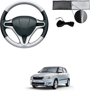 Autocom Hand Stiched Steering Cover For Skoda Fabia(Silver, Black, Leather)