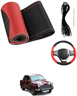 MATIES Hand Stiched Steering Cover For HM Ambassador(Red/Black, Leatherite)