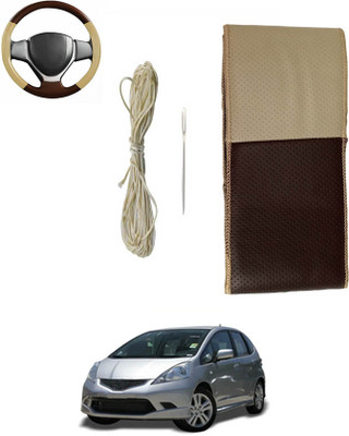 ABJD Hand Stiched Steering Cover For Hyundai Jazz(Beige, Brown, Leatherite)