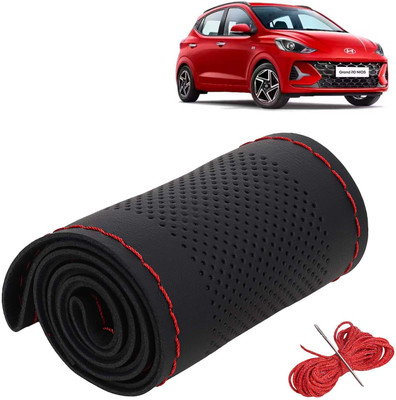 Kingsway Hand Stiched Steering Cover For Hyundai Grand i10(Black Color with Red Thread, Leatherite)