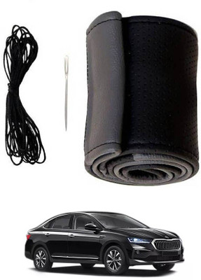 MATIES Hand Stiched Steering Cover For Skoda Universal For Car(Black/Grey, Leatherite)