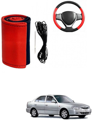ARNEJA Hand Stiched Steering Cover For Hyundai Accent(Red, Black, Leather)