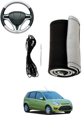 MATIES Hand Stiched Steering Cover For Ford Figo(Silver, Black, Leatherite)