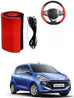 ARNEJA Hand Stiched Steering Cover For Hyundai Santro(Red, Black, Leather)