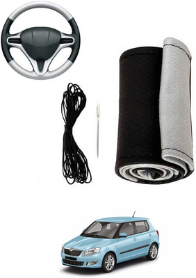 MATIES Hand Stiched Steering Cover For Skoda Fabia(Silver, Black, Leatherite)