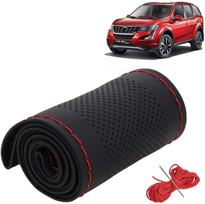 Kingsway Hand Stiched Steering Cover For Mahindra XUV 500(Black Color with Red Thread, Leatherite)
