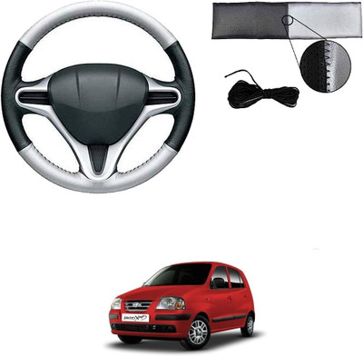 ARNEJA Hand Stiched Steering Cover For Hyundai Santro Xing(Silver, Black, Leather)