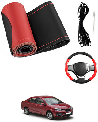MATIES Hand Stiched Steering Cover For Toyota Etios(Red/Black, Leatherite)