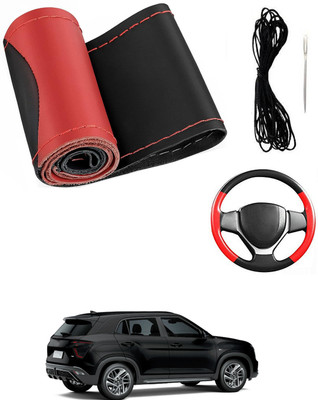 MATIES Hand Stiched Steering Cover For Hyundai Creta(Red/Black, Leatherite)
