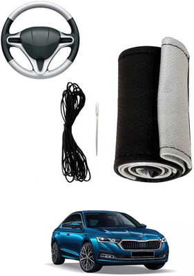 MATIES Hand Stiched Steering Cover For Skoda Octavia(Silver, Black, Leatherite)