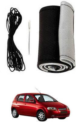 MATIES Hand Stiched Steering Cover For Chevrolet Aveo UVA(Black-Silver, Leatherite)
