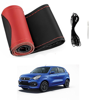 MATIES Hand Stiched Steering Cover For Universal For Car Celerio(Red/Black, Leatherite)