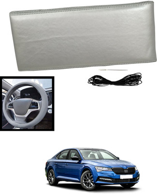 MATIES Hand Stiched Steering Cover For Skoda Superb(Silver, Leatherite)