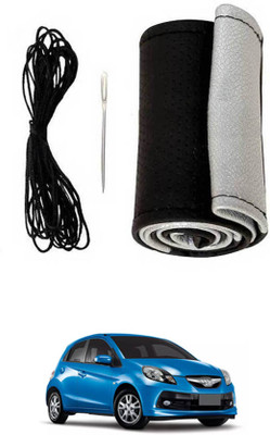 MATIES Hand Stiched Steering Cover For Honda Brio(Black-Silver, Leatherite)
