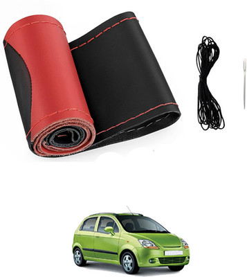MATIES Hand Stiched Steering Cover For Chevrolet Spark(Red/Black, Leatherite)