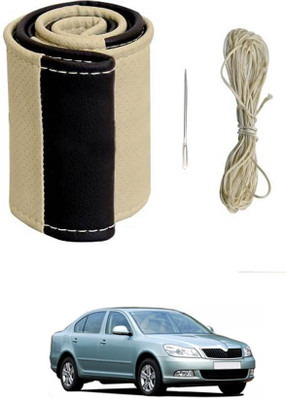 monolive Hand Stiched Steering Cover For Skoda Laura(Beige/Black, Leatherite)