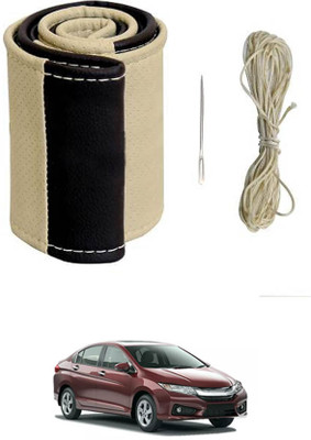 MATIES Hand Stiched Steering Cover For Honda Universal For Car(Beige/Black, Leatherite)