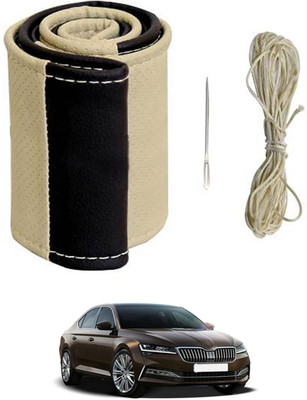 ABJD Hand Stiched Steering Cover For Skoda Superb(Beige, Black, Leatherite)