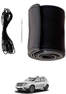 MATIES Hand Stiched Steering Cover For Renault Duster(Black/Grey, Leatherite)