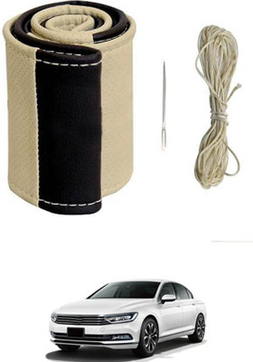 MATIES Hand Stiched Steering Cover For Volkswagen Passat(Beige/Black, Leatherite)