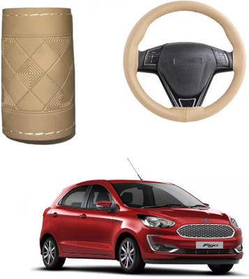 Autocom Hand Stiched Steering Cover For Ford Figo(Beige, Leather)