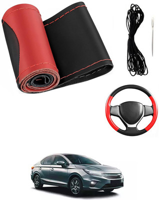 MATIES Hand Stiched Steering Cover For Honda City(Red/Black, Leatherite)