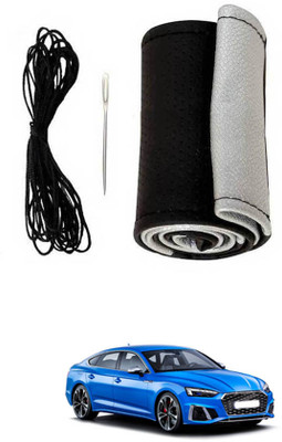 monolive Hand Stiched Steering Cover For Audi S5(Silver/Black, Leatherite)