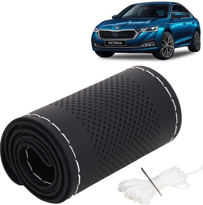 Kingsway Hand Stiched Steering Cover For Skoda Octavia(Black Color with Silver Thread, Leatherite)