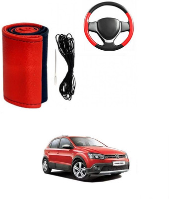 ARNEJA Hand Stiched Steering Cover For Volkswagen Polo Cross(Red, Black, Leather)