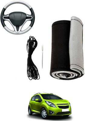MATIES Hand Stiched Steering Cover For Chevrolet Beat(Silver, Black, Leatherite)