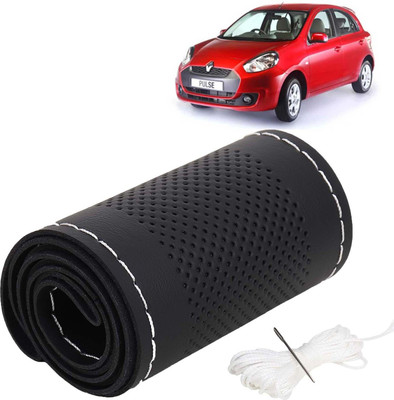 Kingsway Hand Stiched Steering Cover For Renault Pulse(Black Color with Silver Thread, Leatherite)