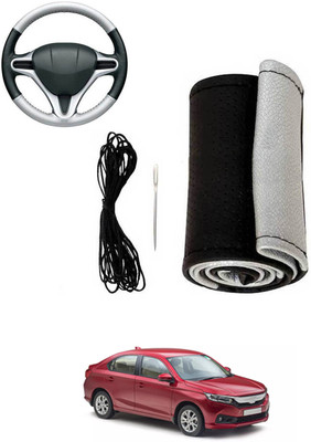 MATIES Hand Stiched Steering Cover For Honda Amaze(Silver, Black, Leatherite)