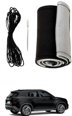 MATIES Hand Stiched Steering Cover For Hyundai Universal For Car(Black-Silver, Leatherite)