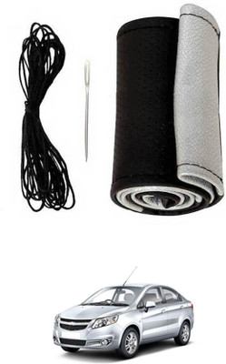 MATIES Hand Stiched Steering Cover For Chevrolet Sail(Black-Silver, Leatherite)